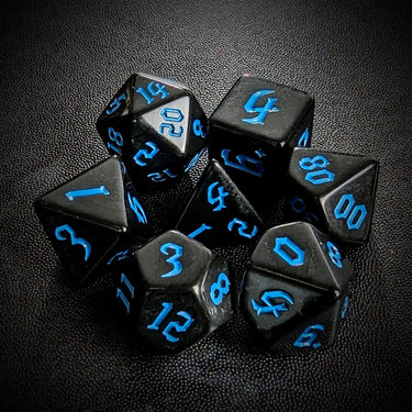 Blue on Solid Black Acrylic - 7pcs RPG Full Dice Set Top